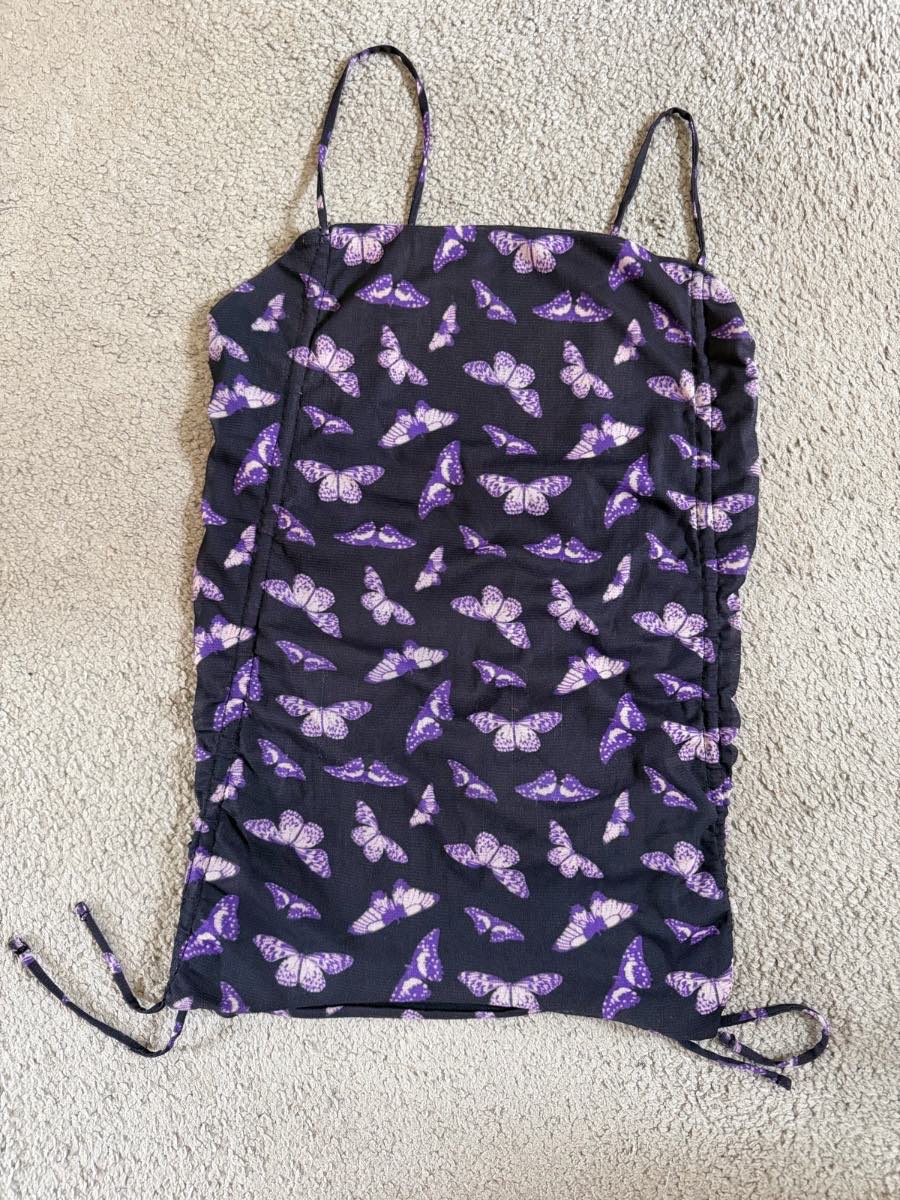 Urban Outfitters Black Purple Butterfly Mesh Ruched Mini Dress Size S Y2K Fairy Grunge