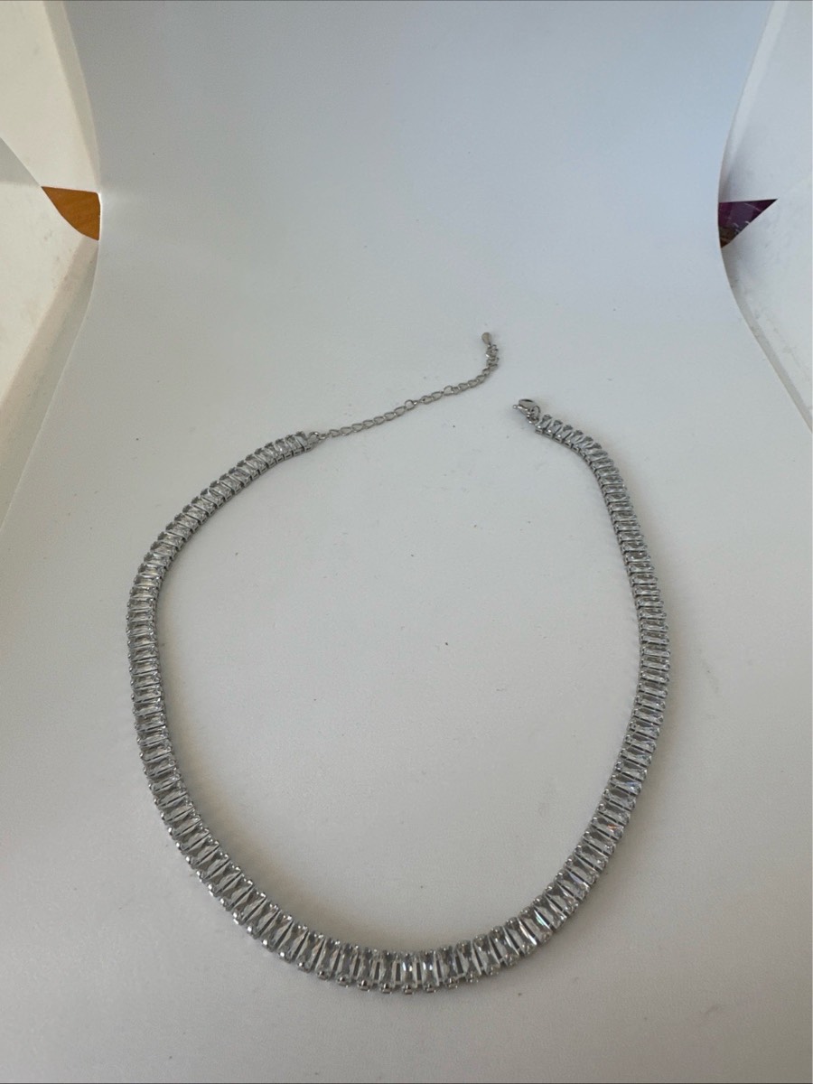 Silvertone baguette cut crystal necklace
