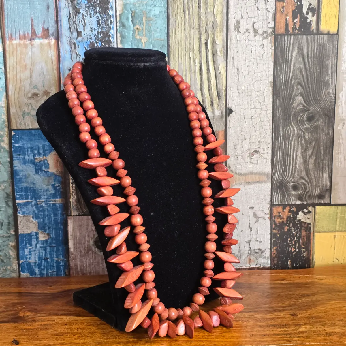 Elegant Double Strand Terracotta Wood Statement Necklace Boho Coral Tone 23'' L