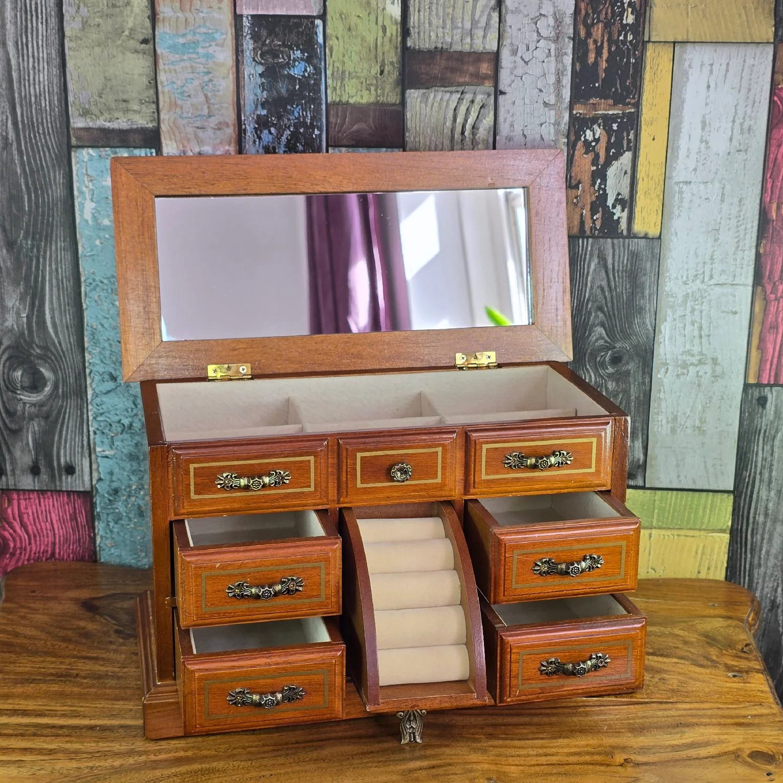 Vintage Wooden Jewellery Box Chest Armoire Mirror Drawers Ring Holder Organiser