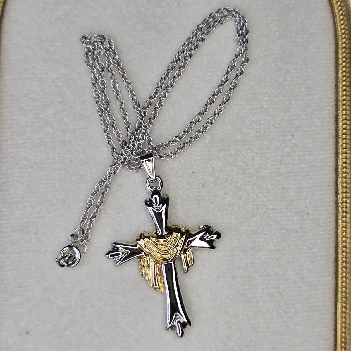 Silver & Gold Tone Cross Pendant Necklace with Rope Chain Y2K