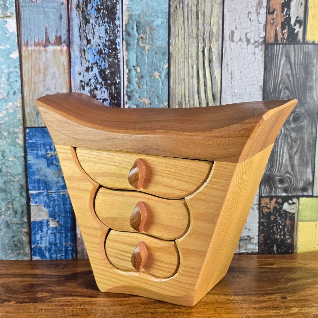 Artisan Sculpted Wood Jewellery TrinkeBox  Organic Shape 3-Drawer Keepsake Chest