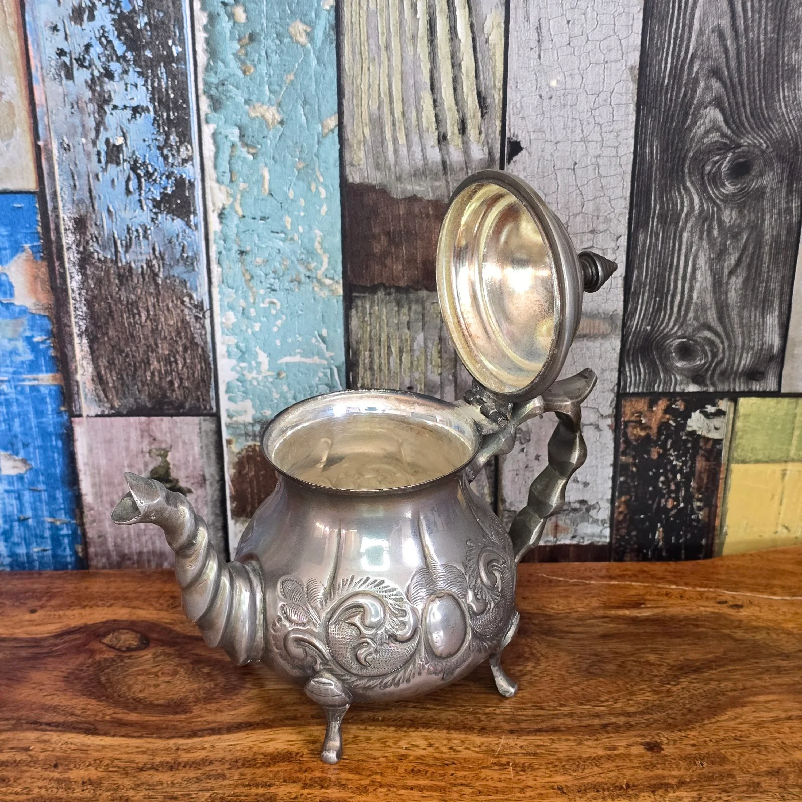 Vintage Moroccan Style Silver Plated Ornate Engraved Footed Teapot Collectible