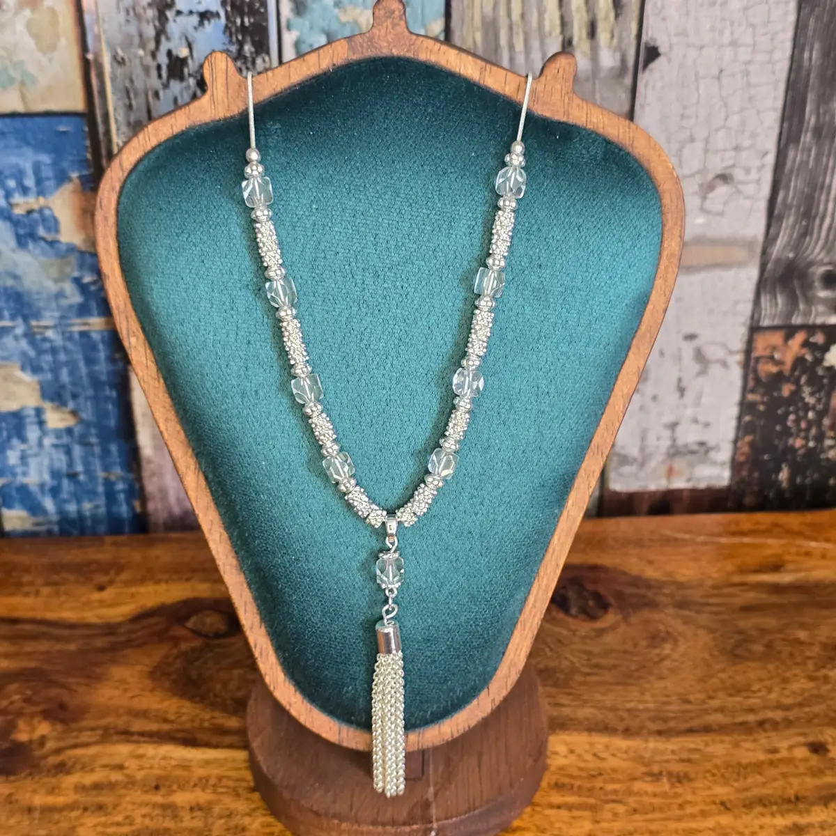 M&S Silver Tone Crystal Bead Tassel Lariat Necklace features a 19-inch snake chain with a lobster cl