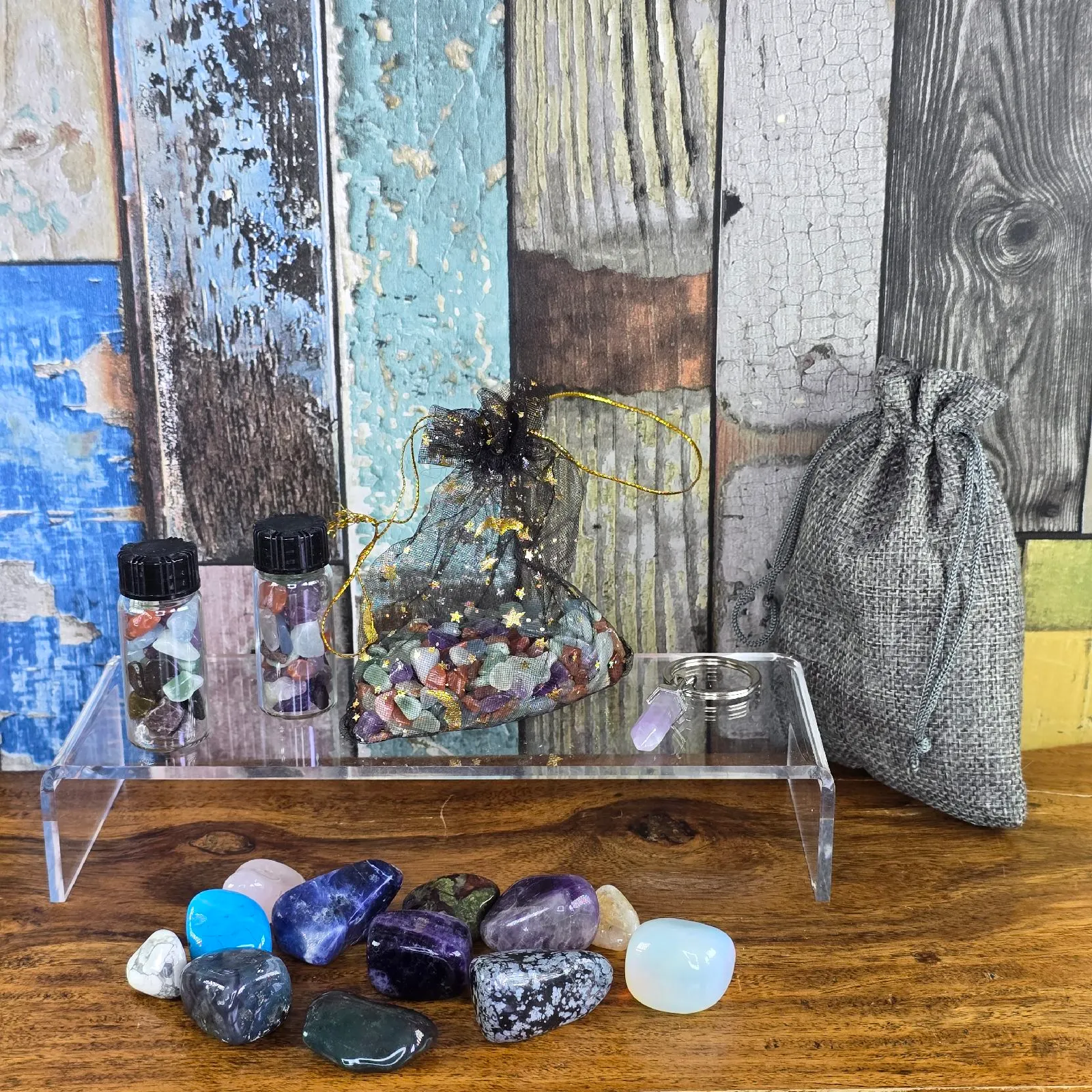 Crystal Healing Set Tumbled Stones Chips Bottles Pouch Keychain Reiki Gift
