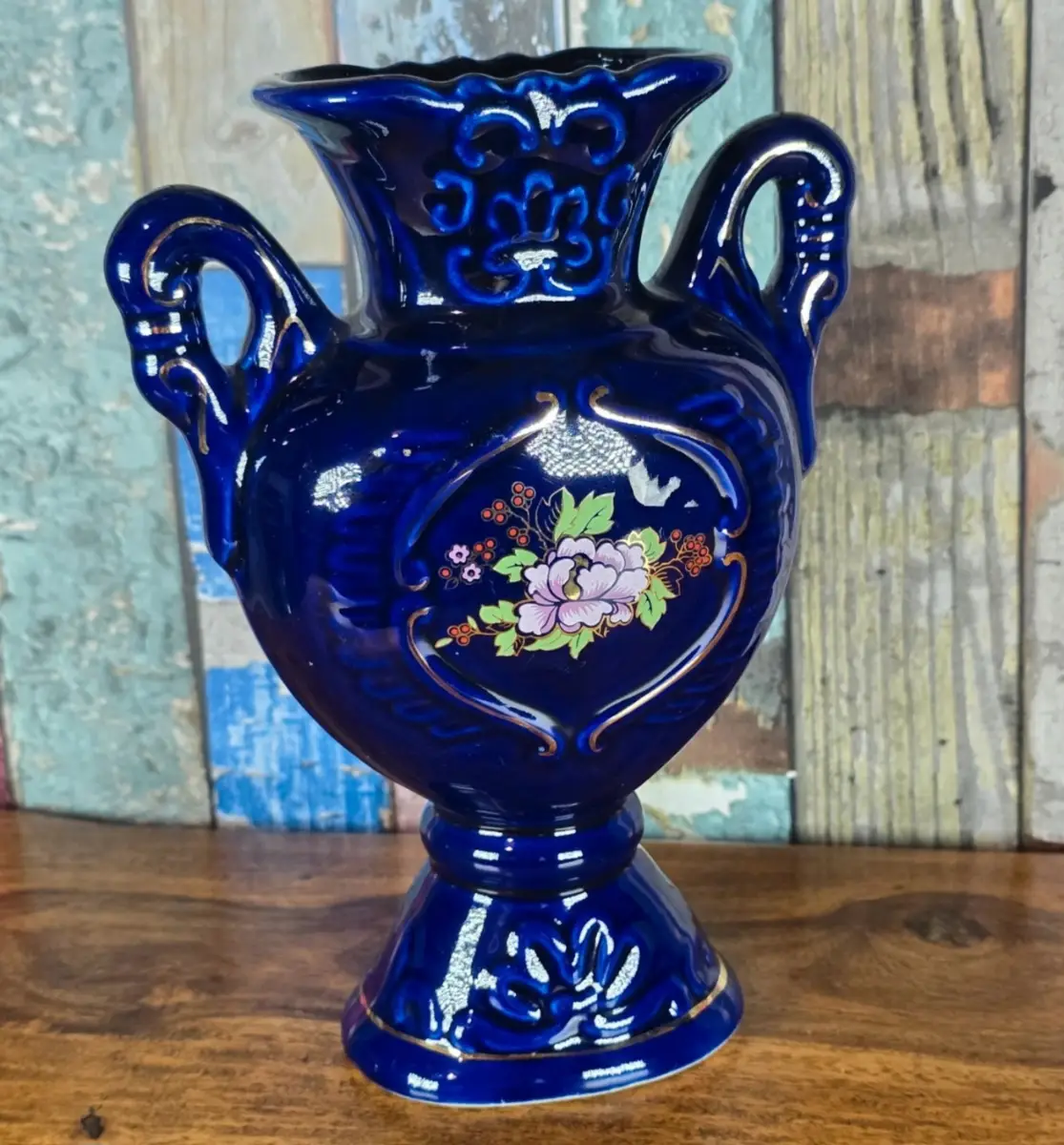 Vintage Oriental Cobalt Blue & Gold Trim Porcelain Vase - Made in Japan