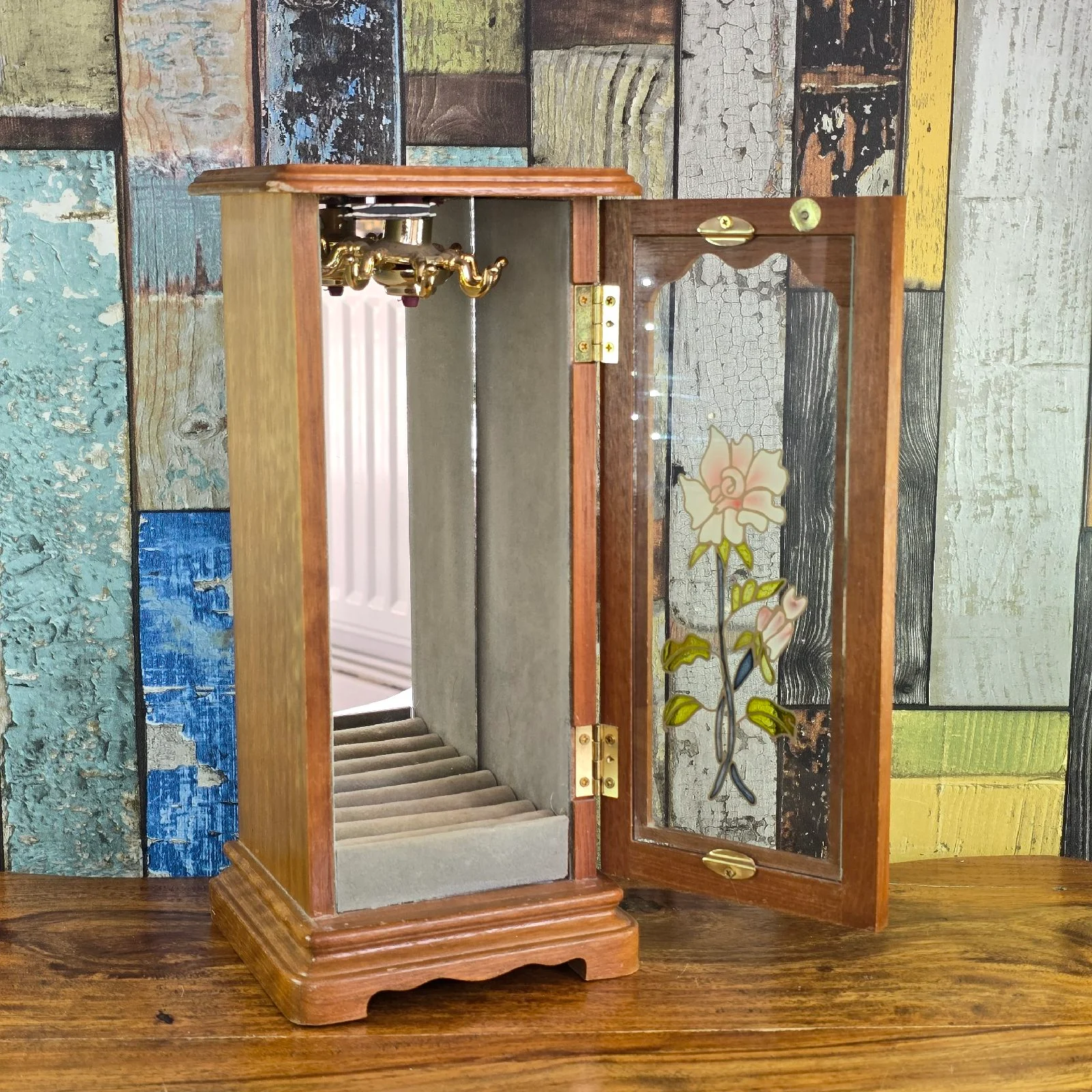 Vintage Mele Wooden Jewellery Trinket Box Tower Armoire Glass Floral Door Ring