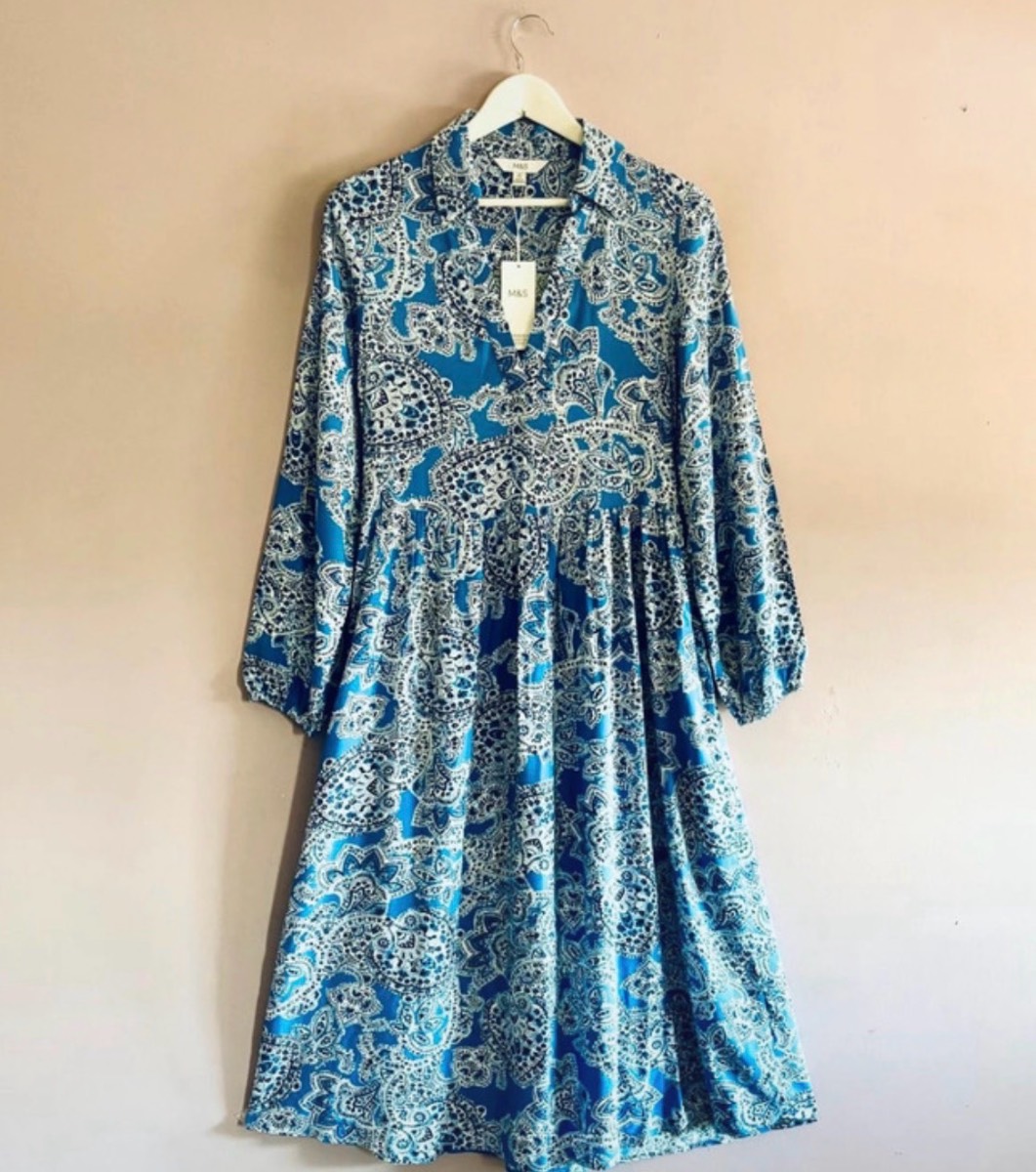 M&S Size 10 Blue Black + Cream Mosaic Print MIDI Shirt Dress NEW