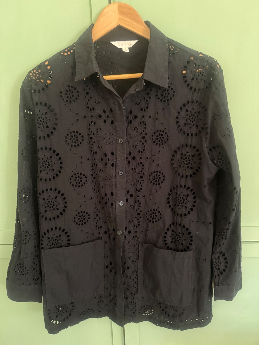 Adiva Black Cotton Eyelet Collared Shirt/Jacket Large