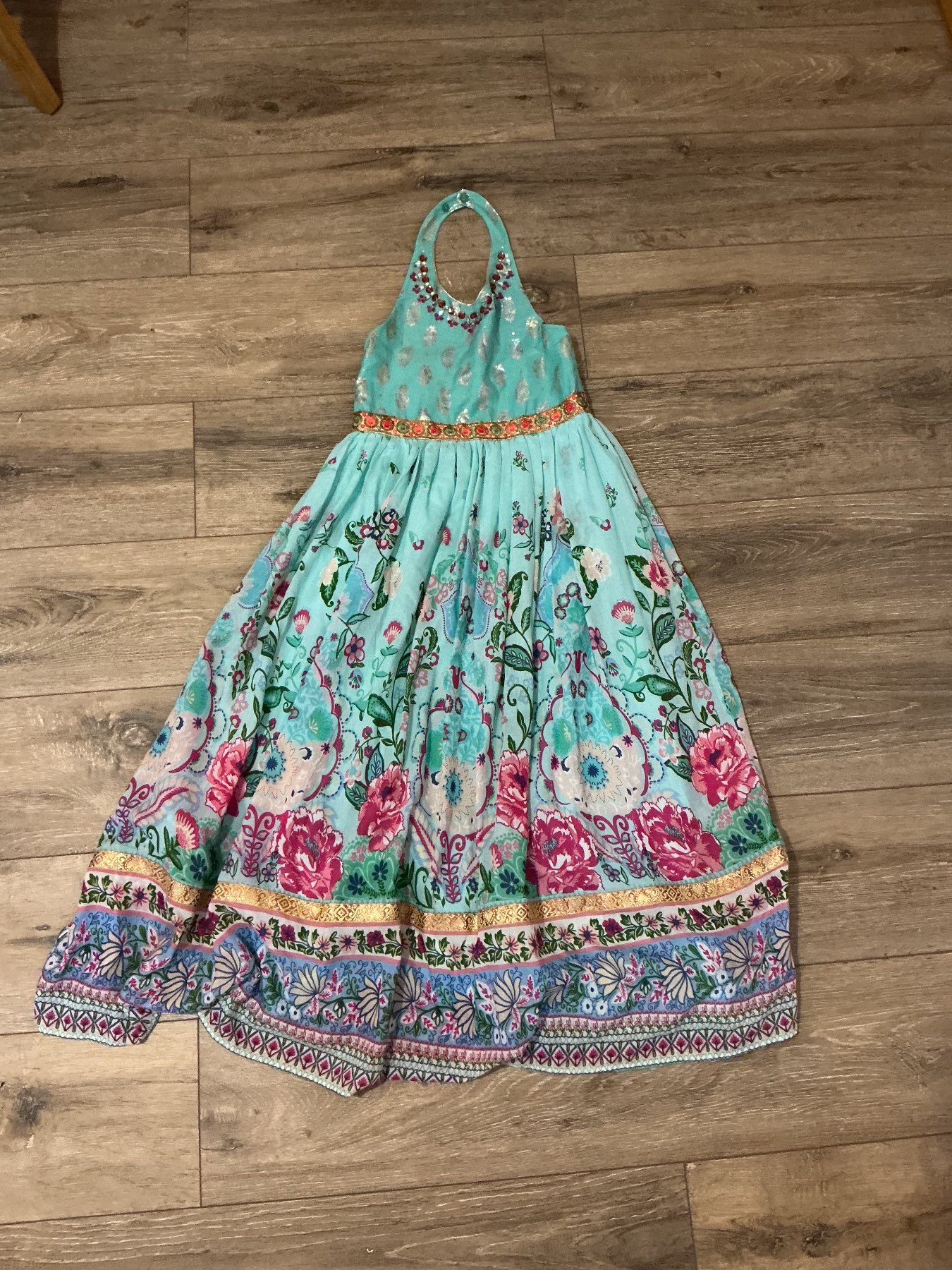 Monsoon Girls Turquoise Floral Occasion Party Dress Embellished Age 11