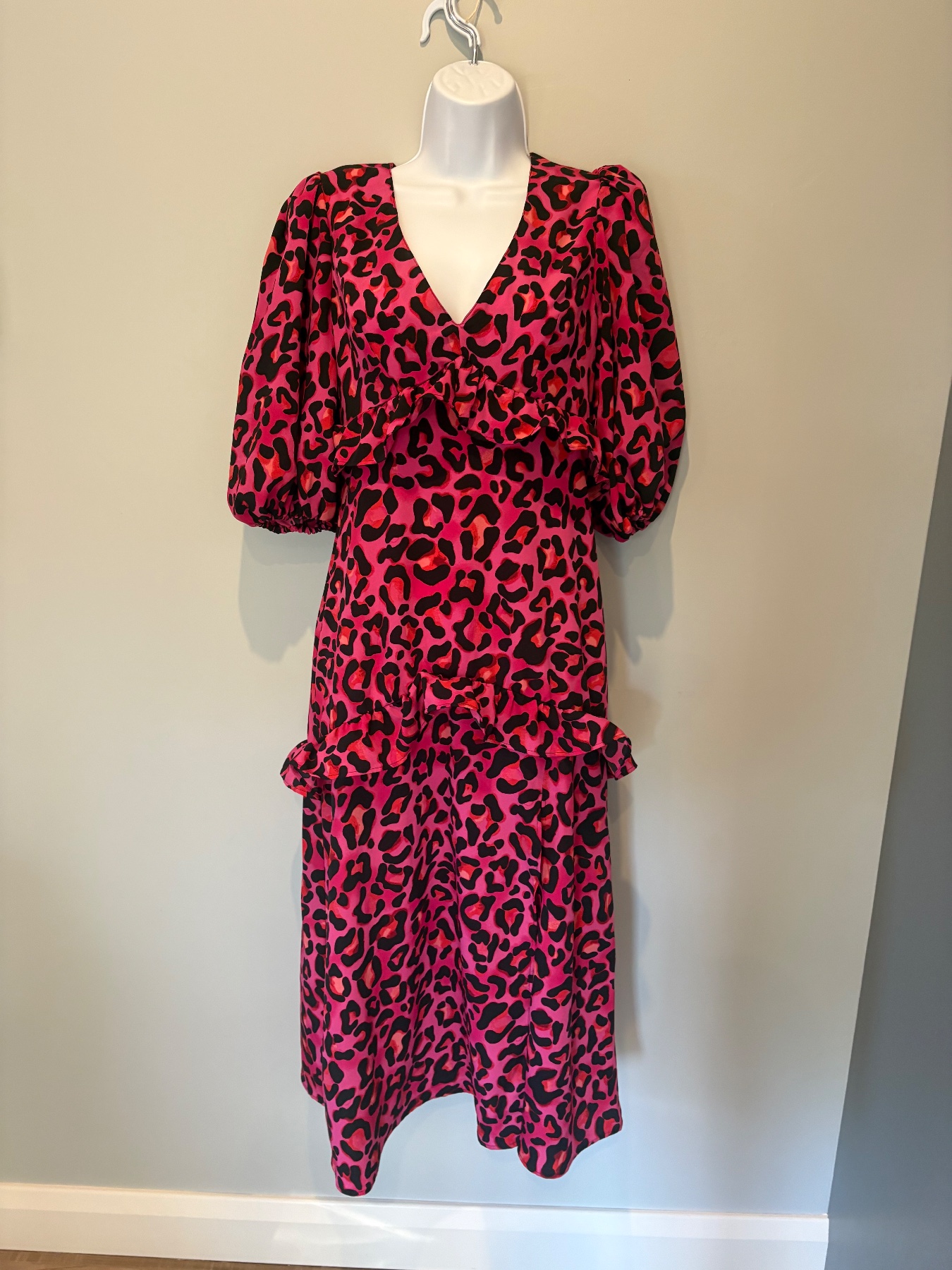 Be Beau Pink Leopard Print Frill Midi Dress UK 8 BNWT Puff Sleeve Open Back PartY