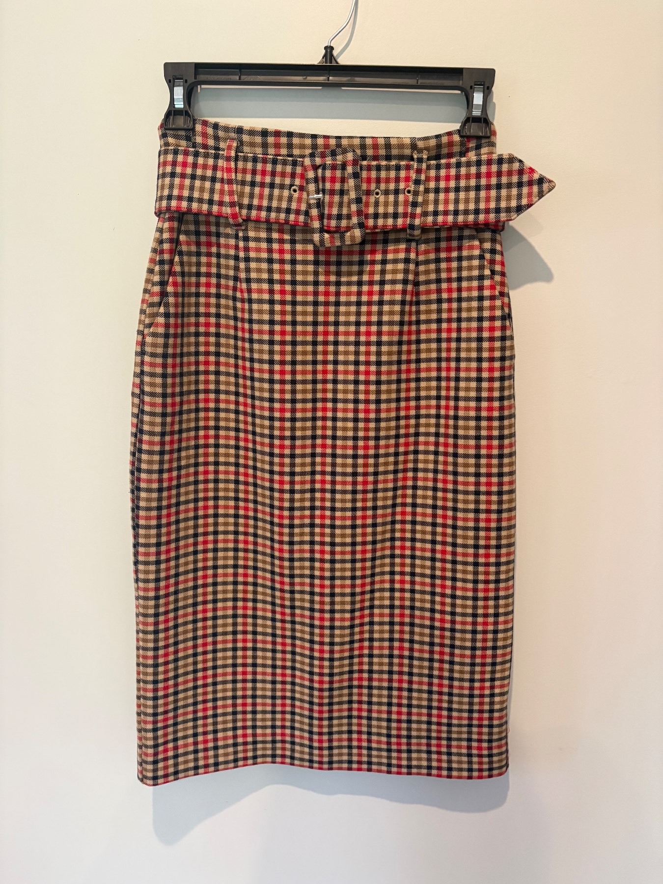 M&S Collection Check Belted Pencil Skirt UK 6 Beige Red Tartan Pockets Lined