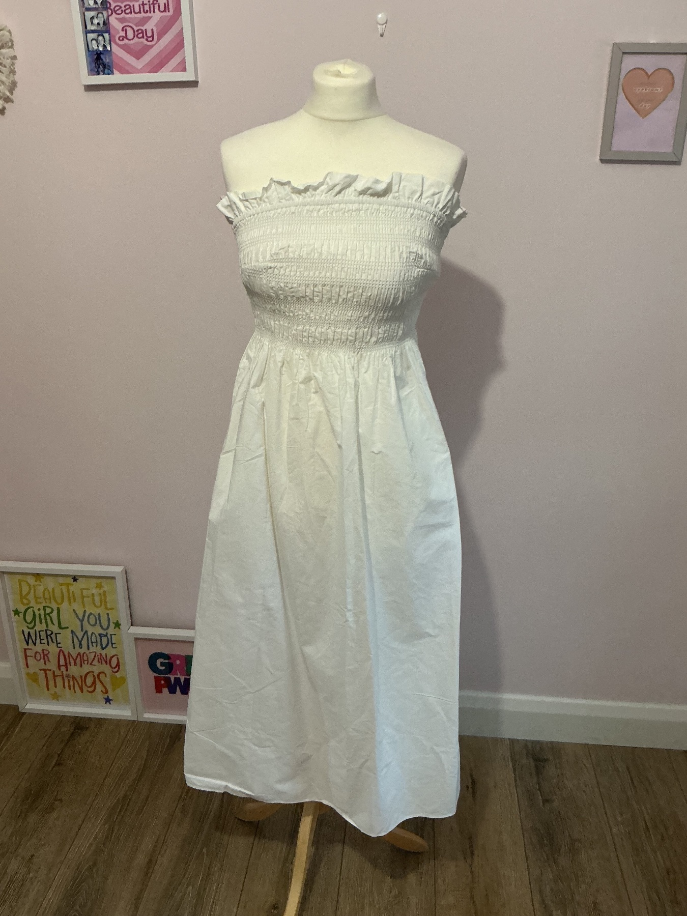 Style Cheat White Ivory Off Shoulder Maxi Dress Smocked Bodice UK 10 Summer
