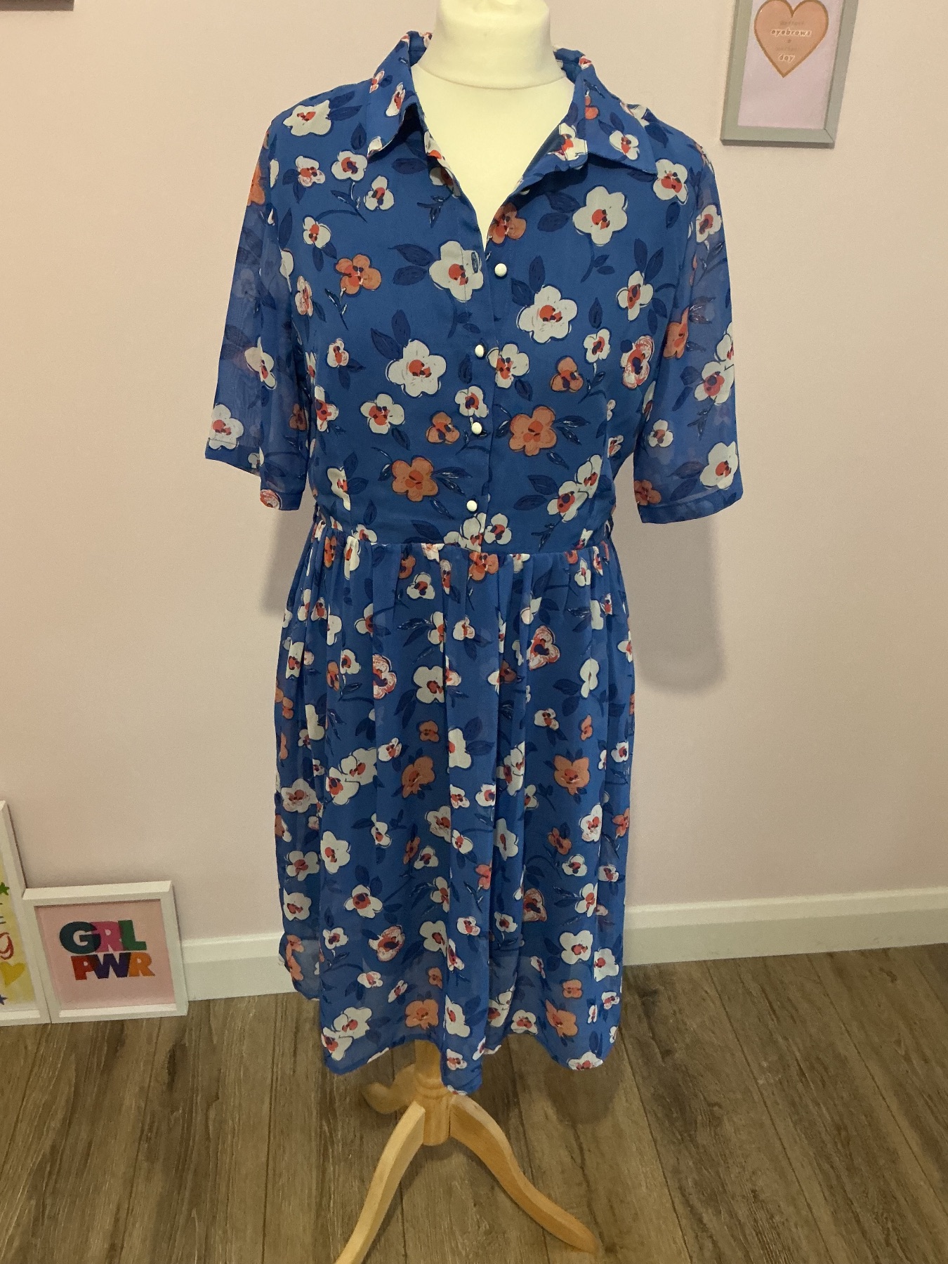 Joanie Blue Floral Vintage Style Midi Dress UK 12 Collared Button Front