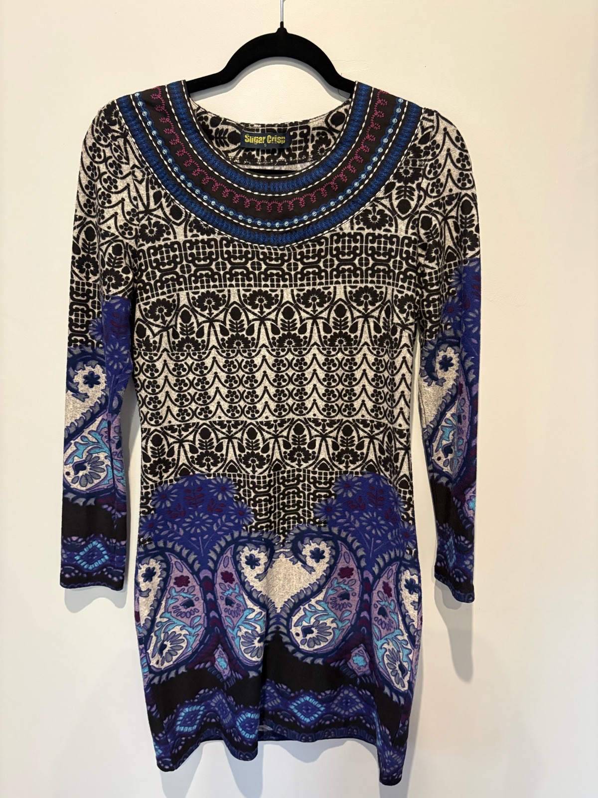 Sugar Crisp Italian Made Tunic Dress S UK 8 10 Blue Black Paisley Print Long Sleeve