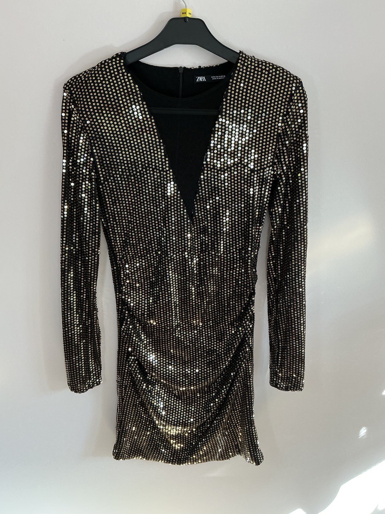 Zara Black Gold Sequin Mini Dress S Party Christmas Long Sleeve Shoulder Pads