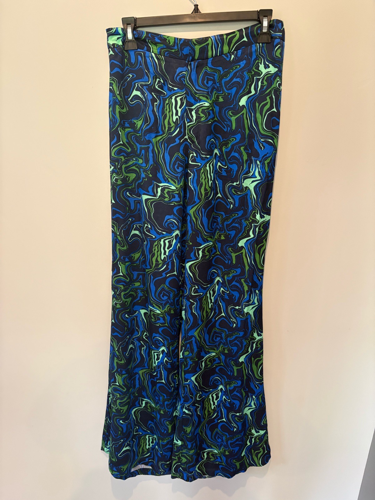 Stradivarius Abstract Print Trousers UK 10 Blue Green Black Wide Leg