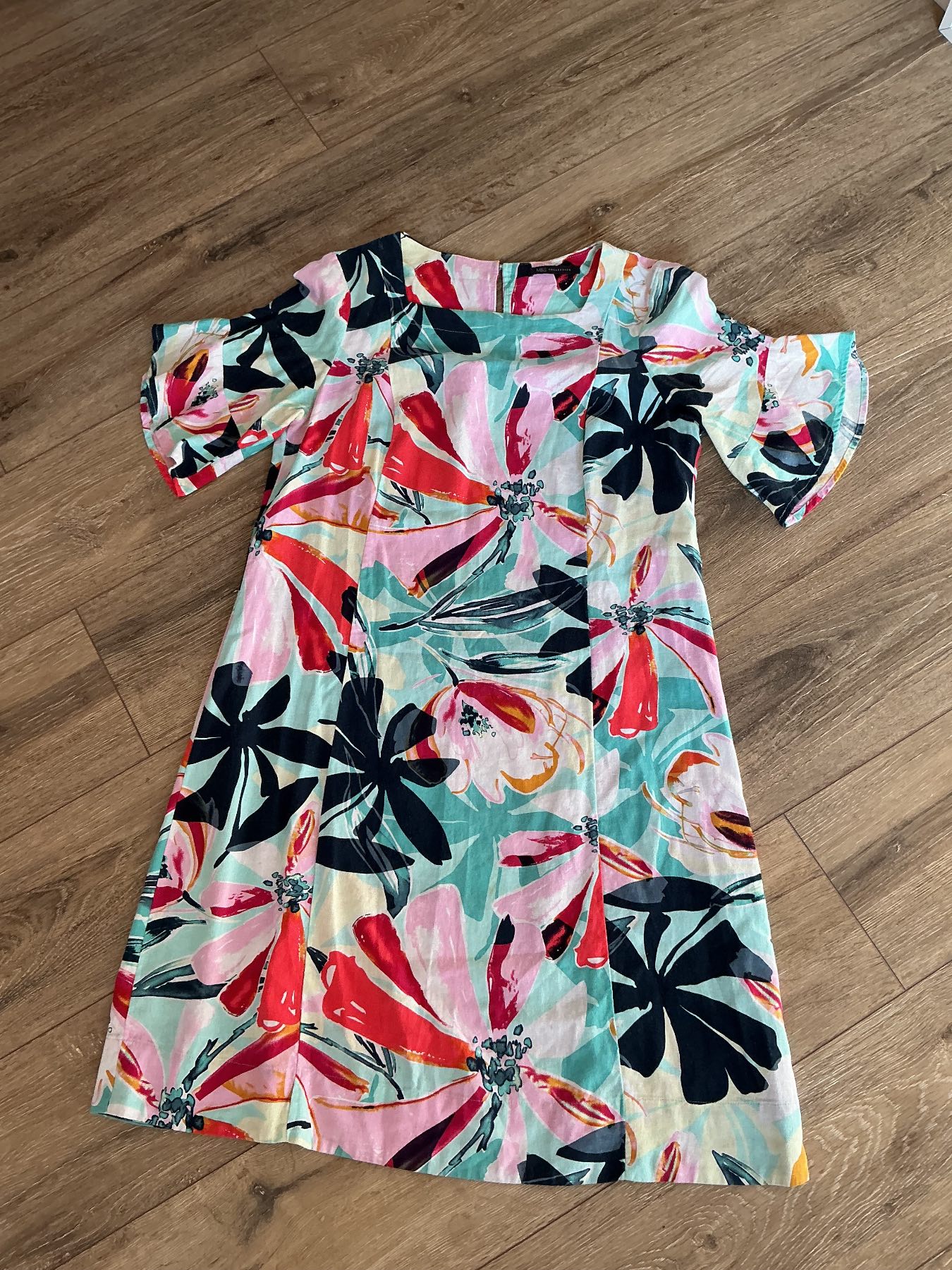 M&S Collection Floral Linen Blend Dress UK 12 Aqua Pink Summer Midi Shift Dress