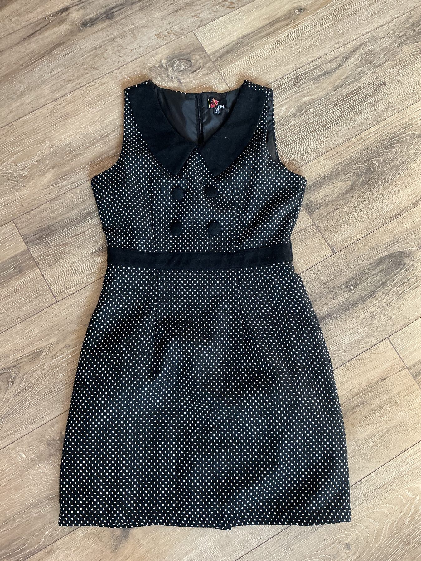 Yumi Black White Polka Dot Dress UK 12 Vintage Retro Peter Pan Collar Fit Flare