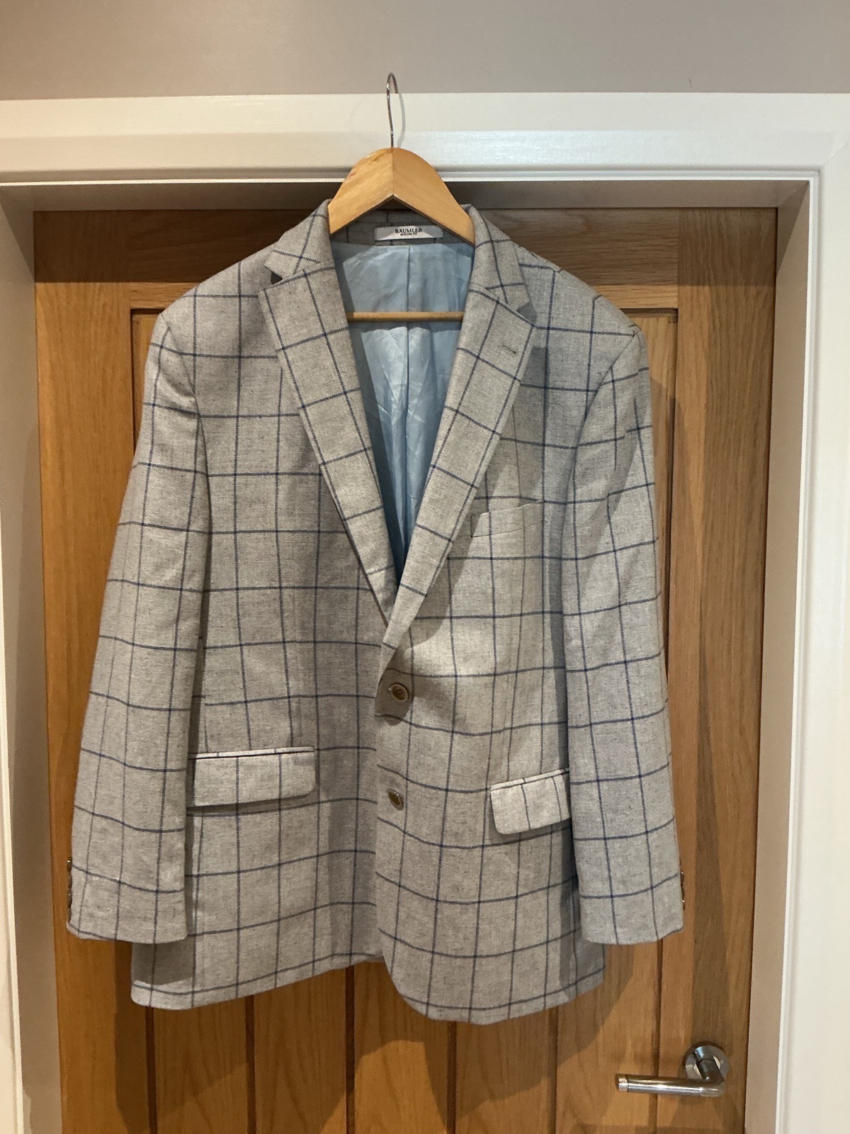 Baumler Mens Silk & Virgin Wool Blazer XL 48 Grey Blue Check Modern Fit