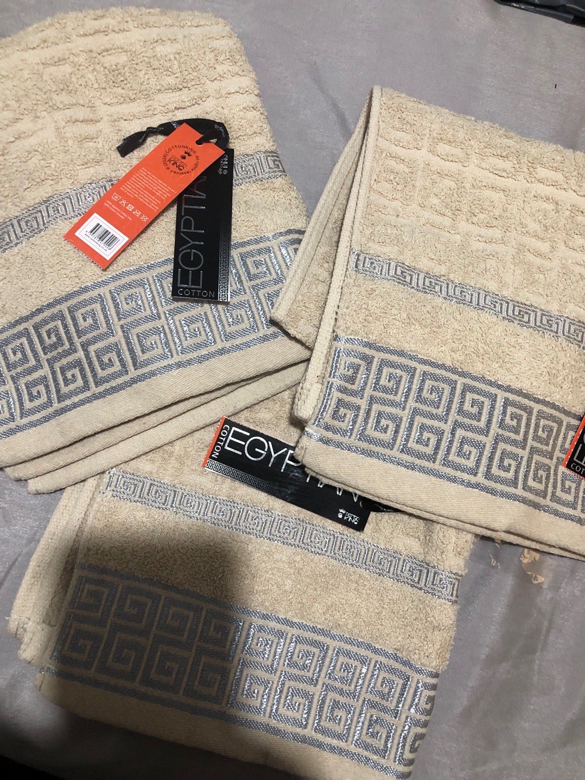 3 x stone coloured hand towels. 90 x 50 cm Greek design 100 cotton