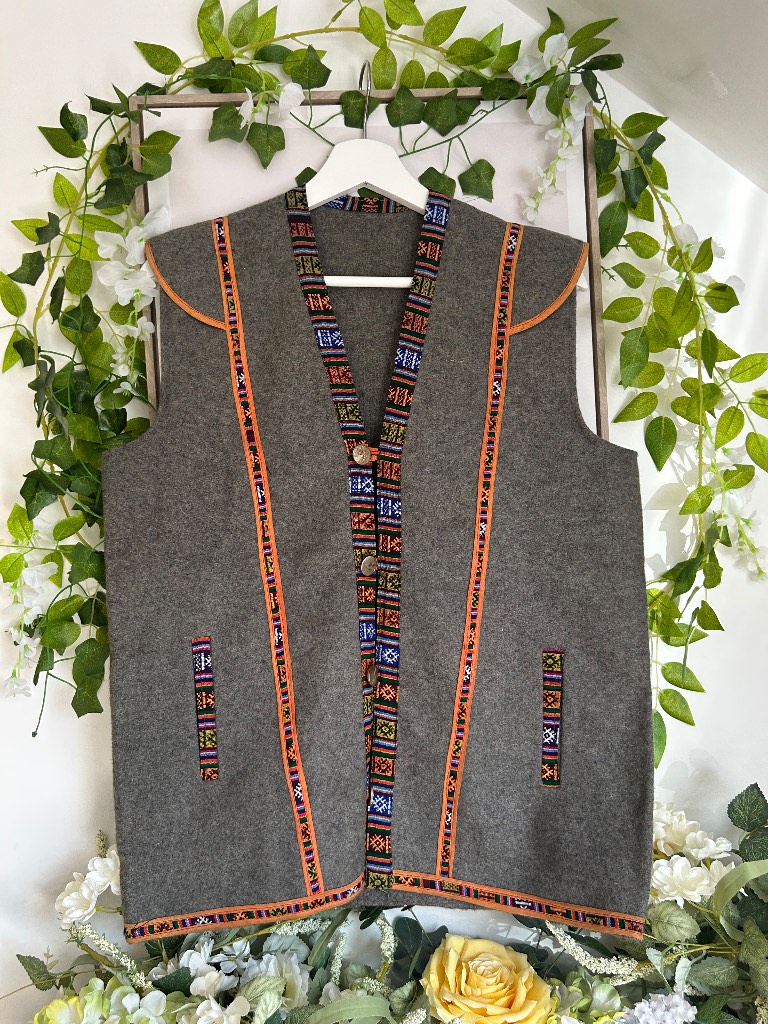 Vintage Grey Wool Mix Folk Waistcoat Gilet Vest Colourful Tribal Aztec Trim Boho Size M/L