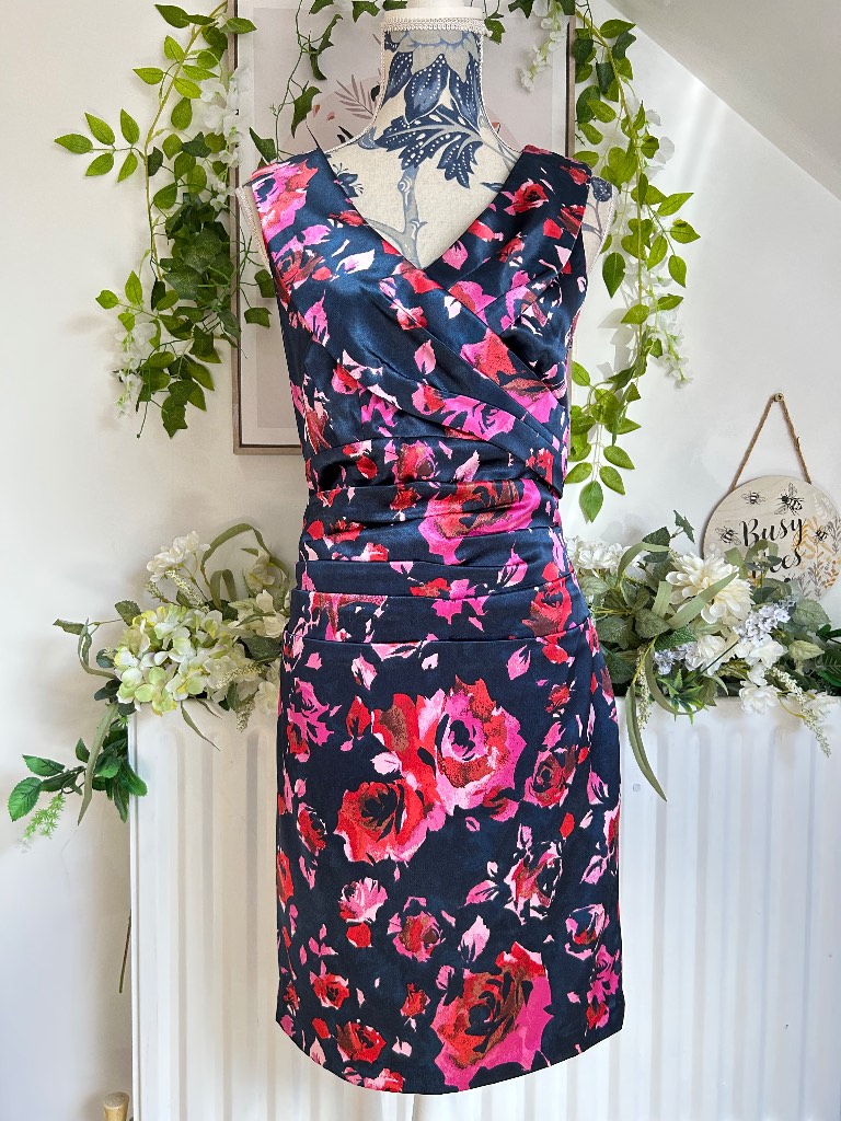 M&Co Floral Satin Midi Dress Navy Pink Rose Ruching Wedding Guest Party Occasion Size 10