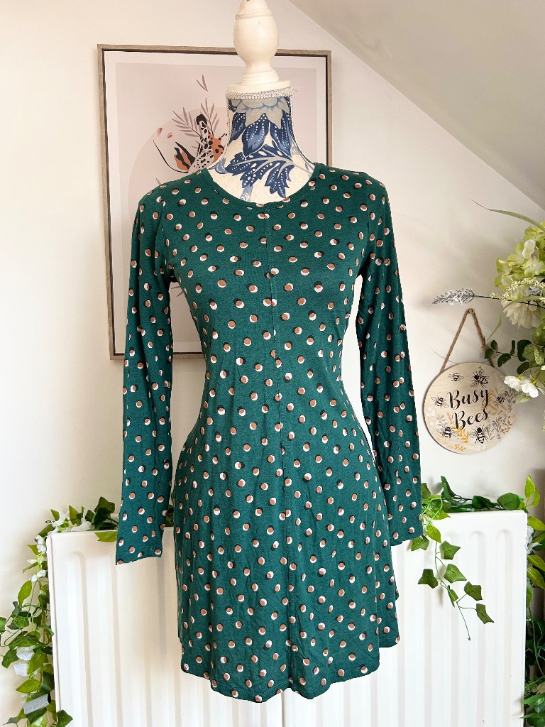 Boden Green Polka Dot Skater Jersey Cotton Blend Dress Size 8R Retro Casual Everyday