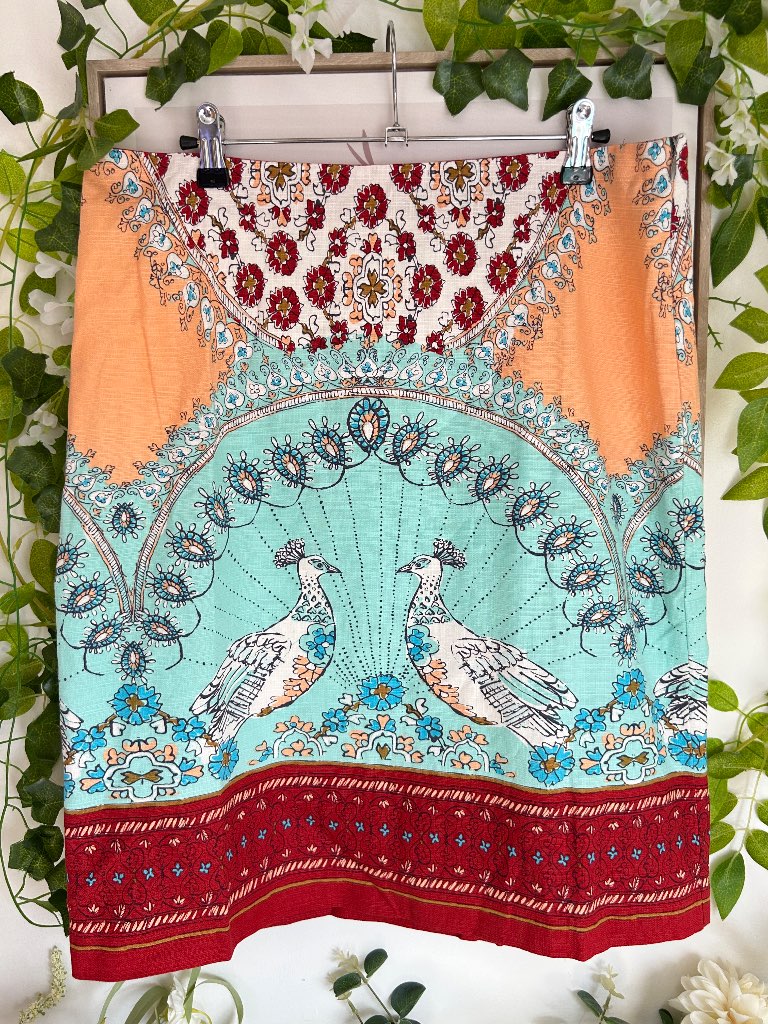 White Stuff Quirky Multicoloured A Line Skirt Size 12 Peacock Border Summer Festival