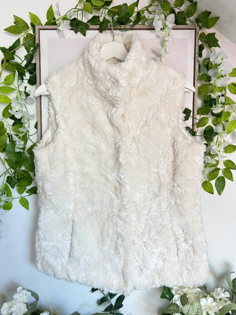 Y2K Next Cream Faux Fur Gilet Size 14 Fluffy Bodywarmer White Waistcoat Soft