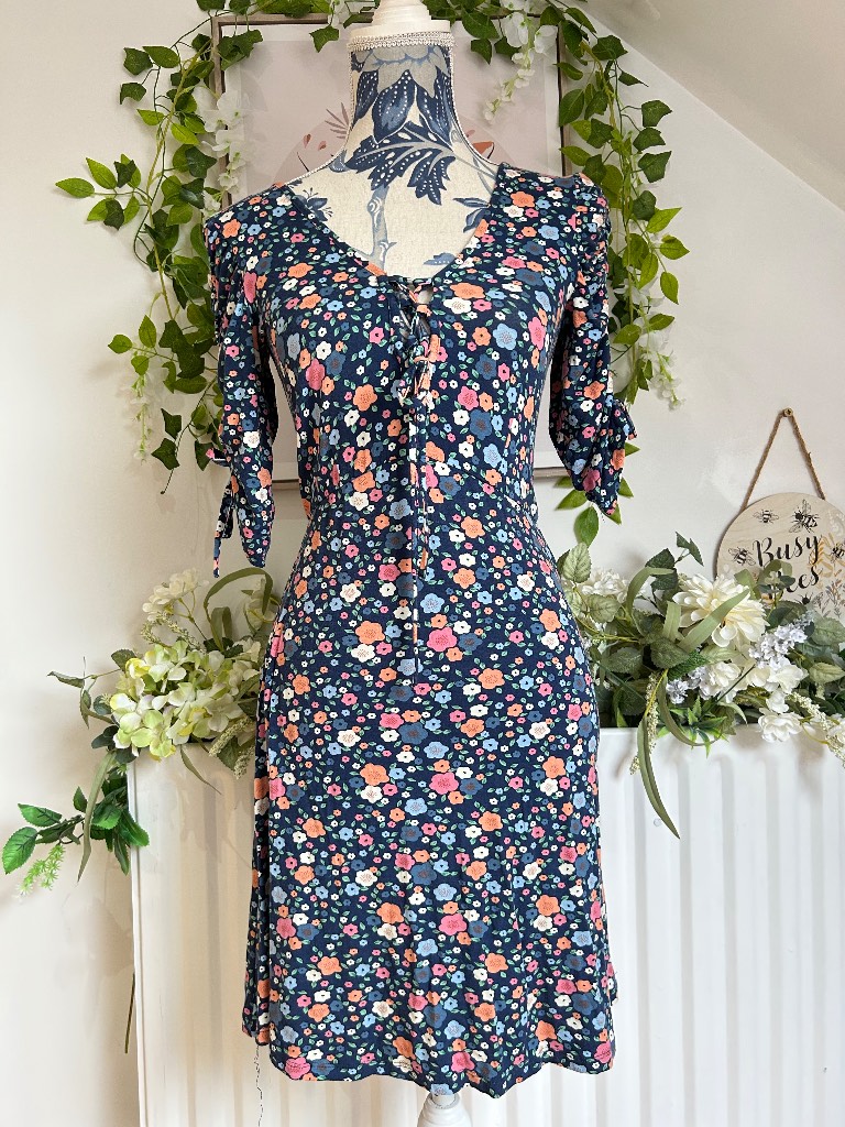 Topshop Navy Multicoloured Floral Summer Tea Dress Size 8 Cottagecore Puff Sleeve Y2K Ditsy