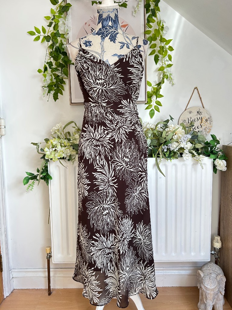 Wallis Chocolate Brown Cream Floral Abstract Cowl Cami Occasion Dress Size 12 90s Vintage Style