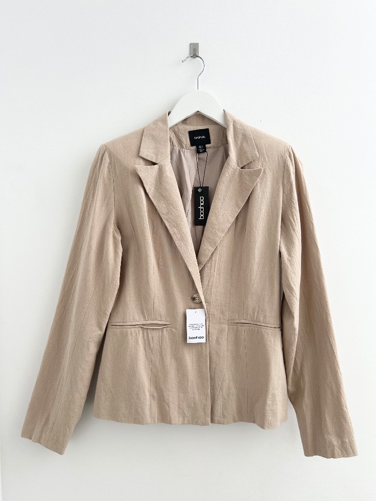 Boohoo Stone Beige Textured Cotton Single Breasted Blazer Size 8 Summer Casual