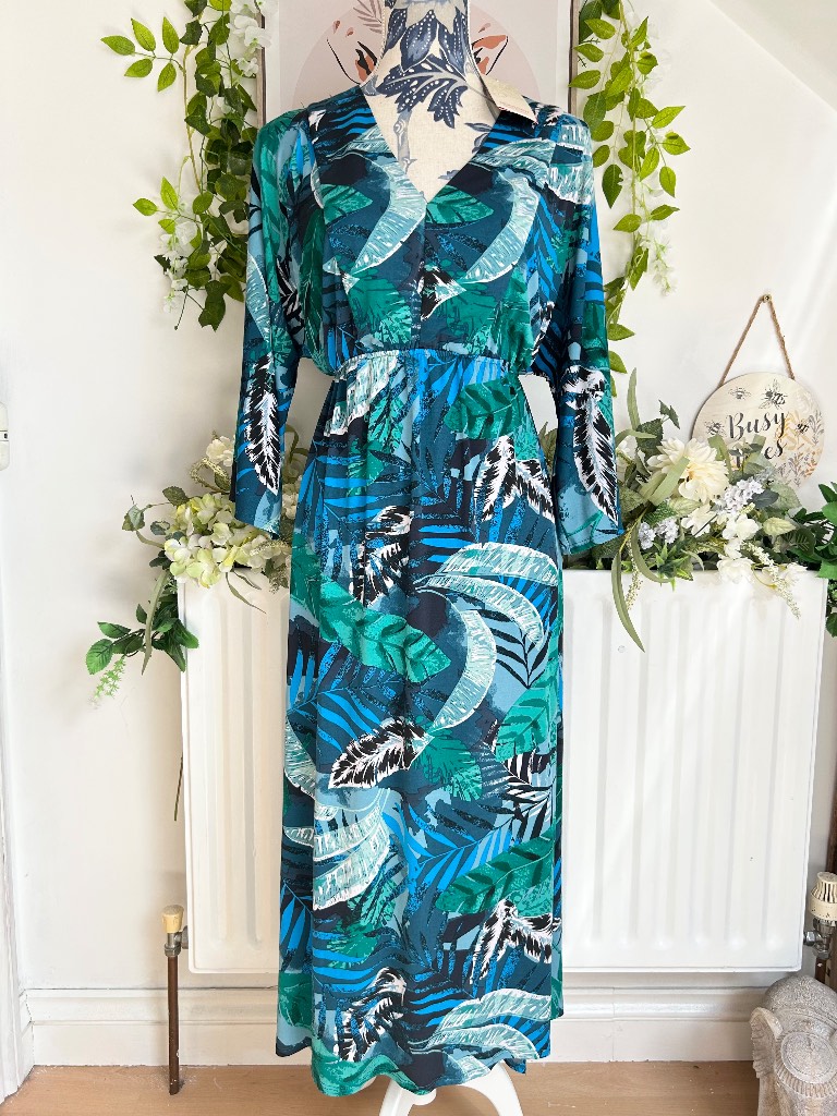 BNWT Monsoon Blue Green Sandra Terrarossa Palm Leaf Print Dress Size Medium