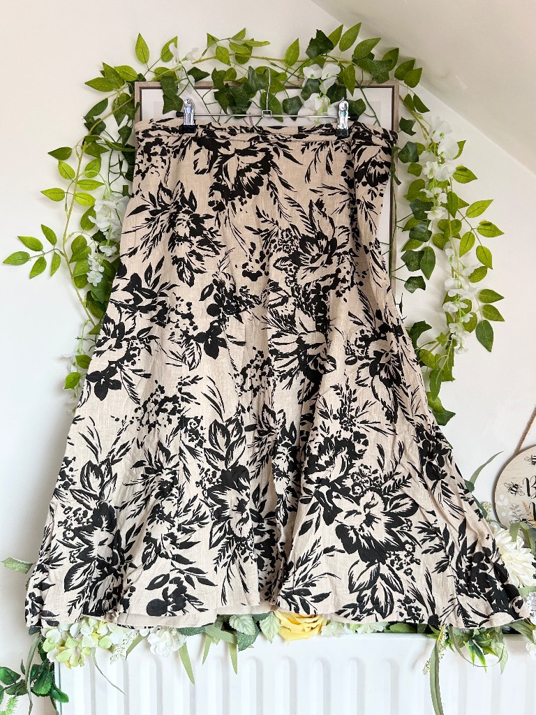 Y2K Per Una Beige Cotton Floral Black Midi Skirt Size 16 Boho Whimsi Floaty Summer A Line