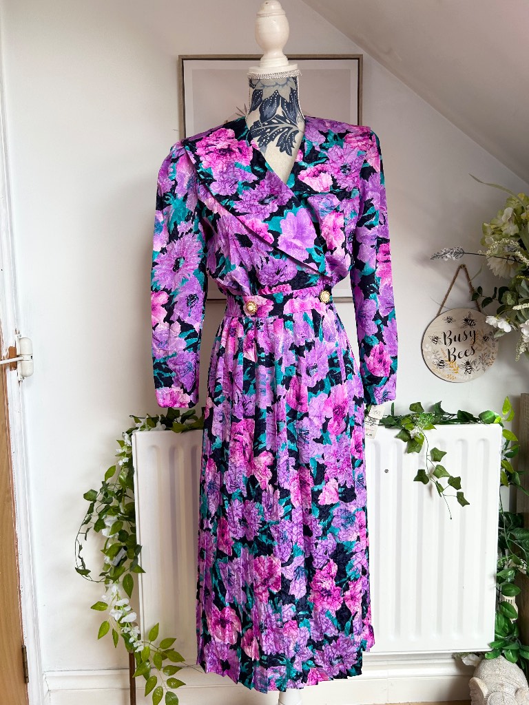 Vintage 80s Talbots 80s Purple Floral Pleated Midi Wrap Dress Bold Shoulder Size 8 BNWT Cottagecore