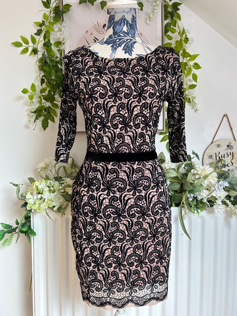 Next Black Nude Pink Lace Bodycon Dress Velvet Trim Cocktail Party Size 12
