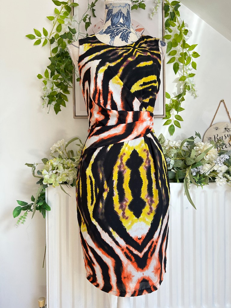 Per Una M&S Black Orange Yellow Abstract Print Occasion Midi Dress Size 8 Y2K Wedding Guest