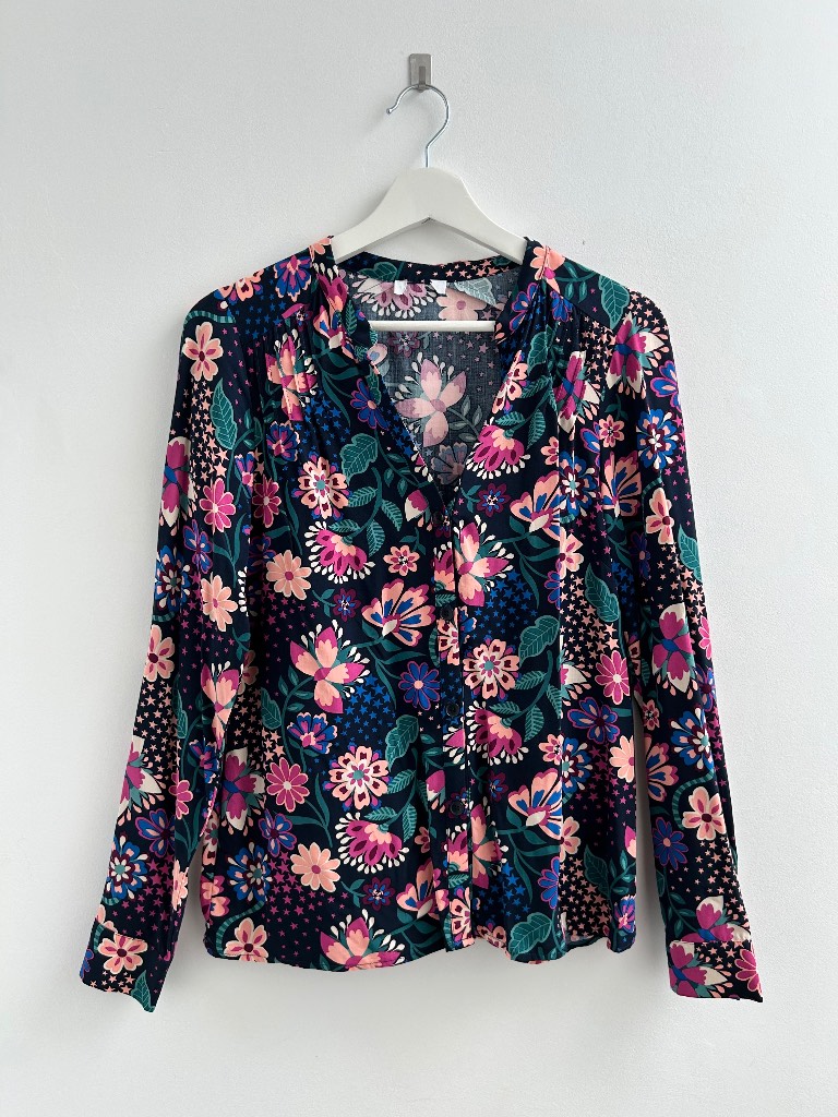 Khost Floral Star Print Blouse Size 8 Navy Pink Blue Long Sleeve Shirt Ditsy