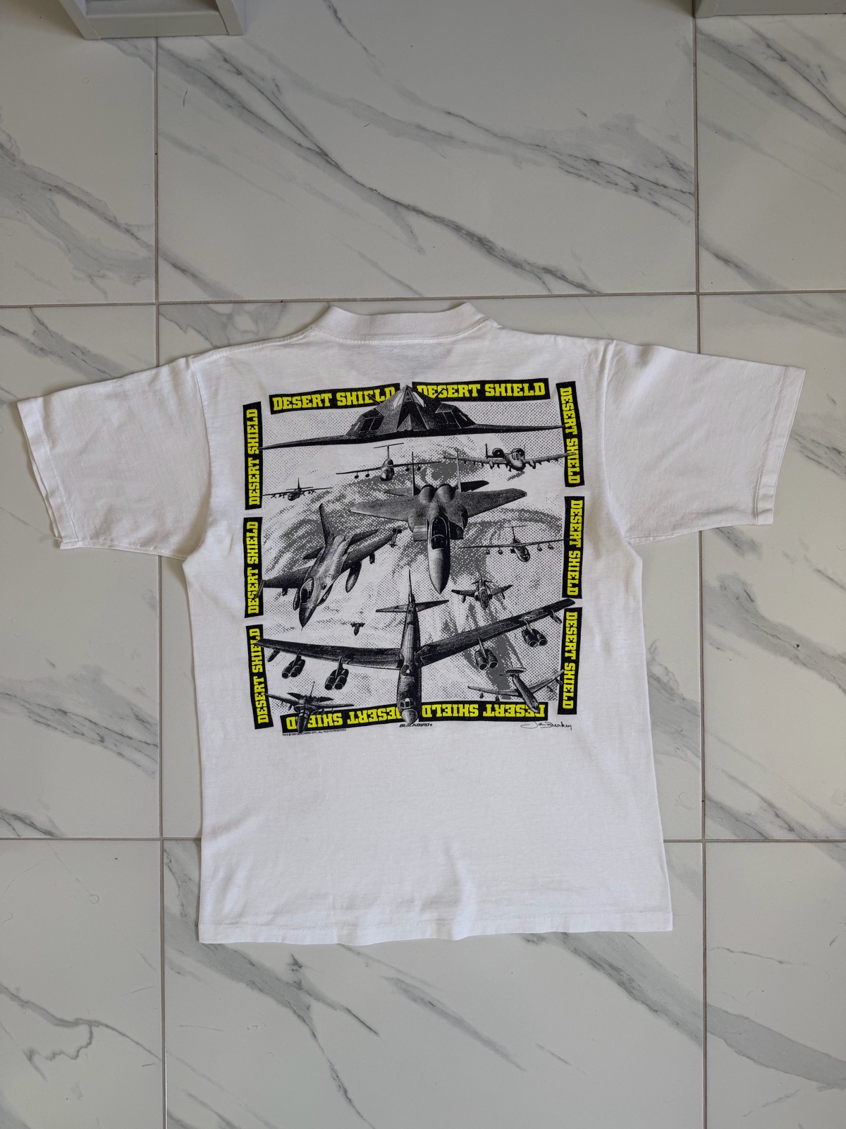 Vintage 1990 U.S. Military Operation Dessert Shield Fighter Jet T-Shirt - Size Large