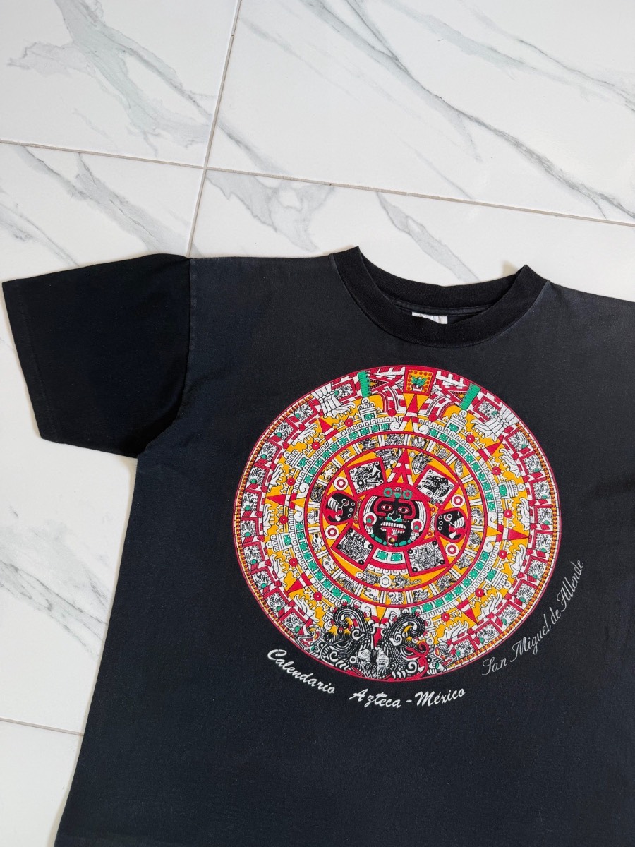 Vintage 1990s Aztec Calendar Mexico Single Stitch Graphics T-Shirt - Size Medium