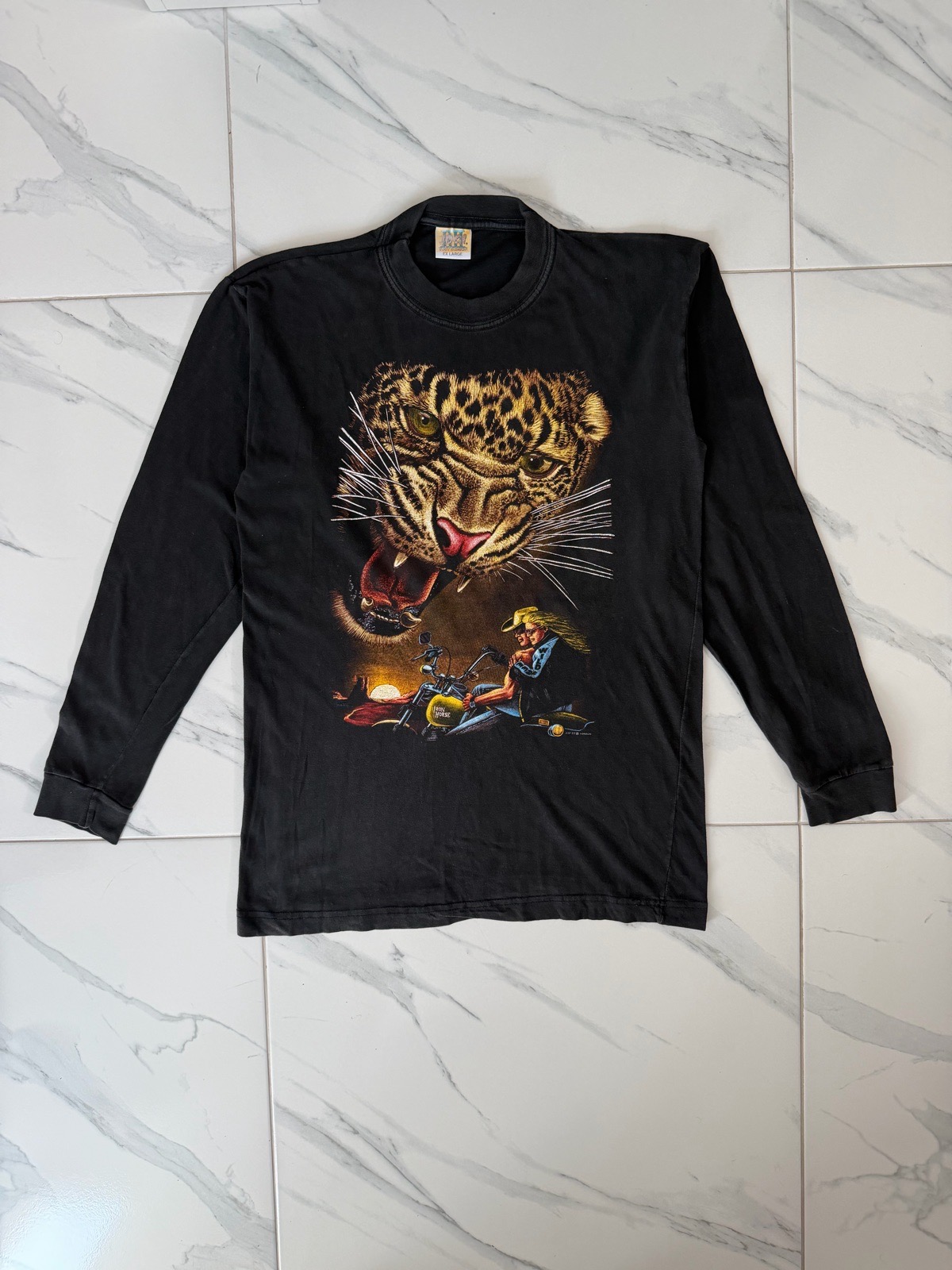 Vintage 90s Biker Motorcycle Leopard Graphics Long Sleeve - Size Large