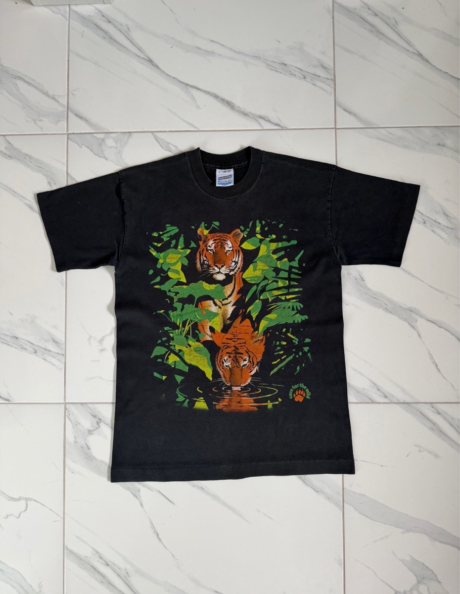 1990s Vintage Single Stitch Care For The Wild Tiger Graphics T-Shirt - Size Medium