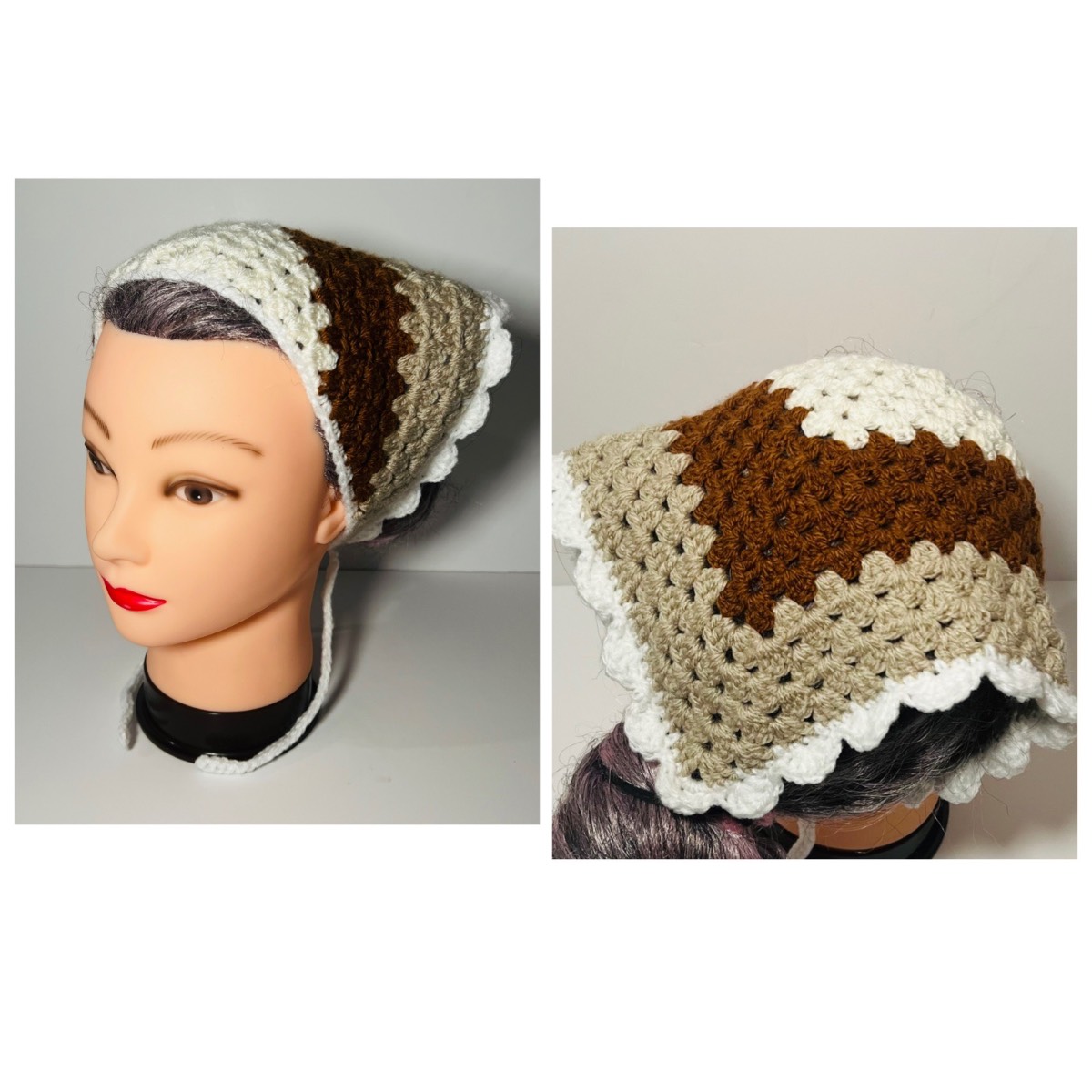 Handmade Crochet Bandana in Coffee & Cream -  Boho Hair Scarf - Cottagecore