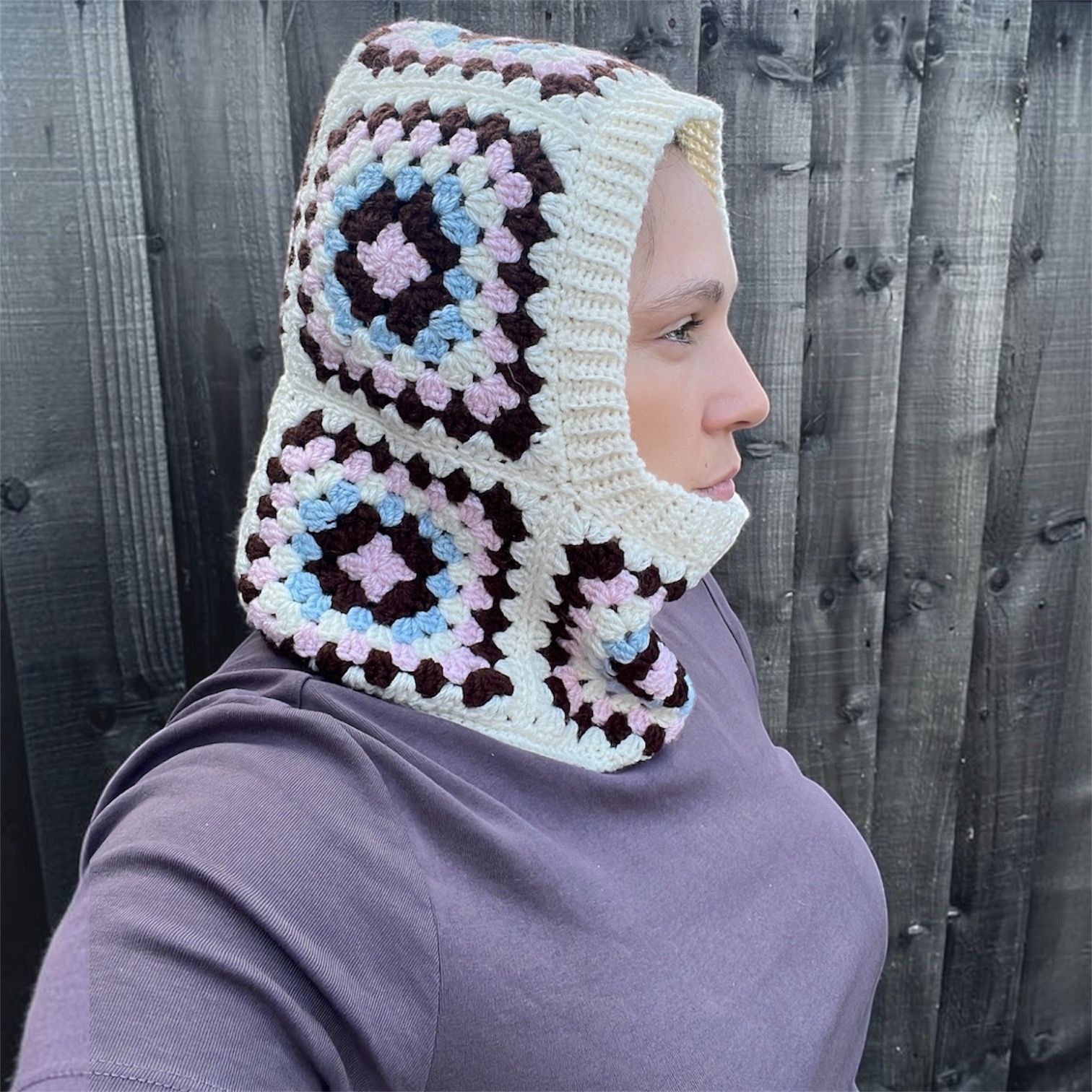 Crochet Granny Square Balaclava – Acrylic Hooded Headwarmer