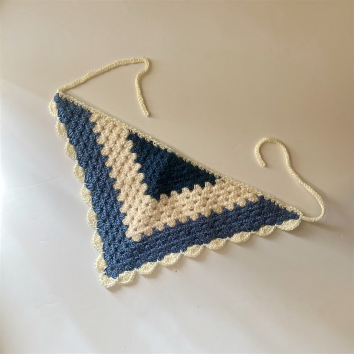 Cream & Blue Colour‑Block Crochet Bandana