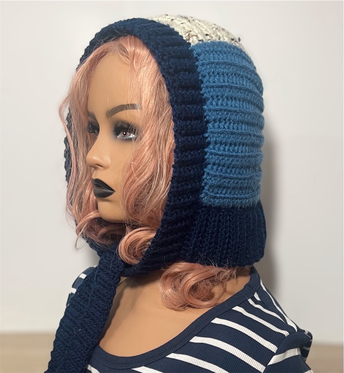 Crochet Hooded Balaclava – Navy, Blue & Cream Colour‑Block