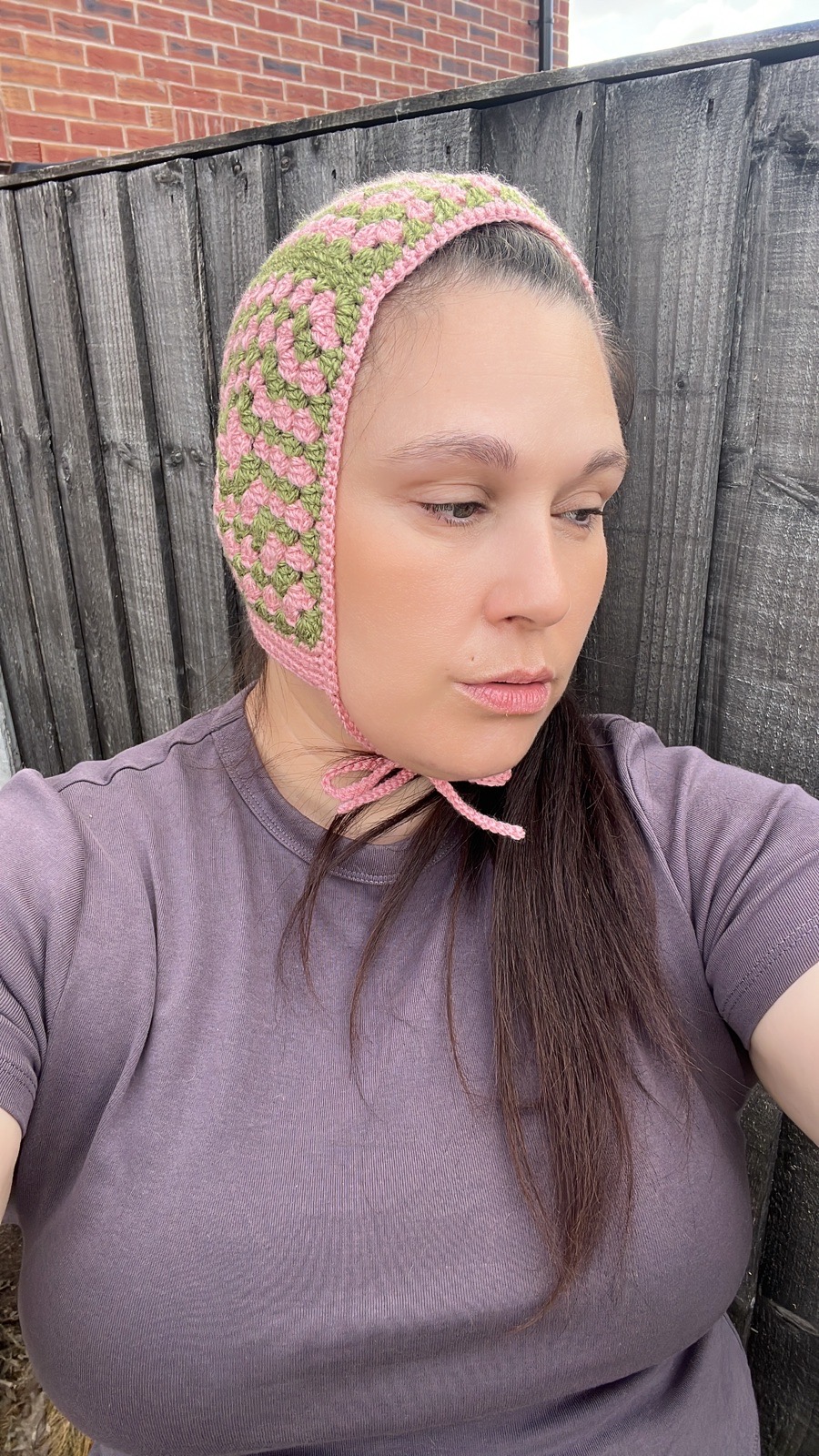 Pink & Green Granny Square Crochet Bonnet – Handmade Boho Style