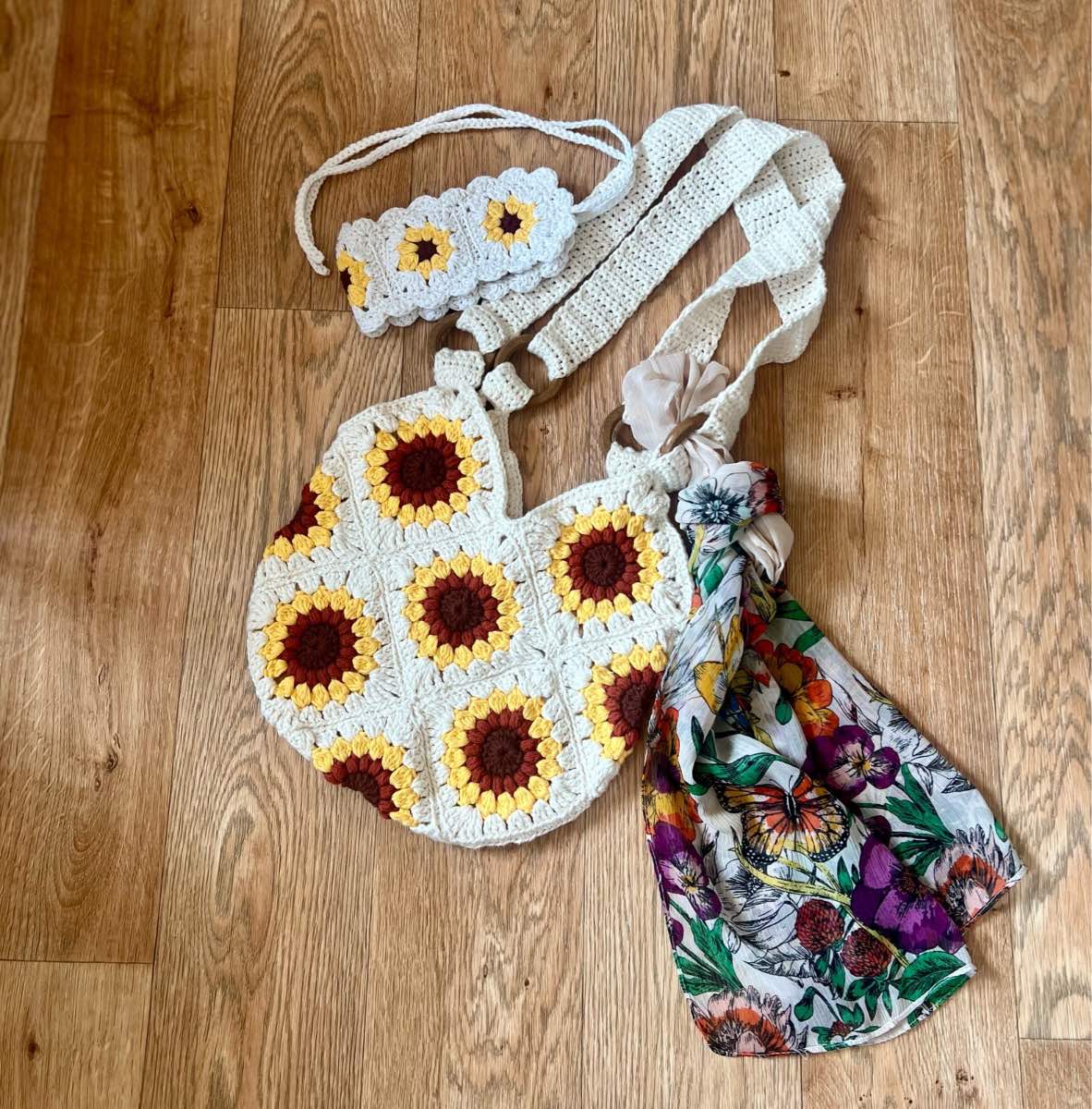 Cotton Handmade Sunflower Crochet Bag & Headband Set + Tu Floral Scarf
