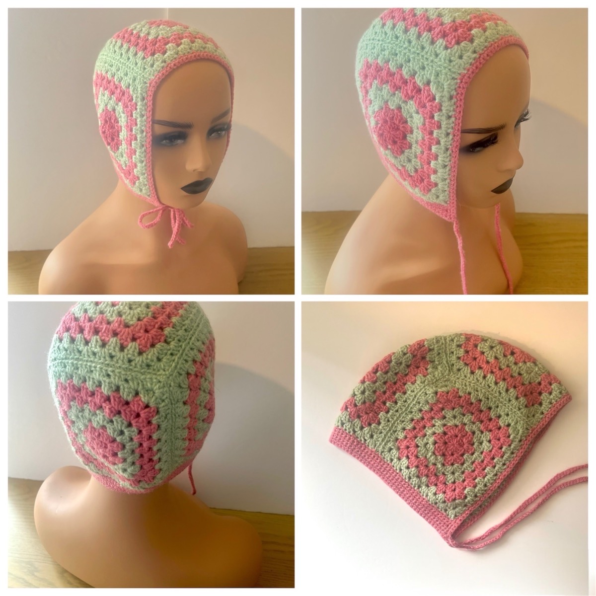 Pink & Green Granny Square Bonnet – Handmade Crochet Festival Hat with Soft Ties